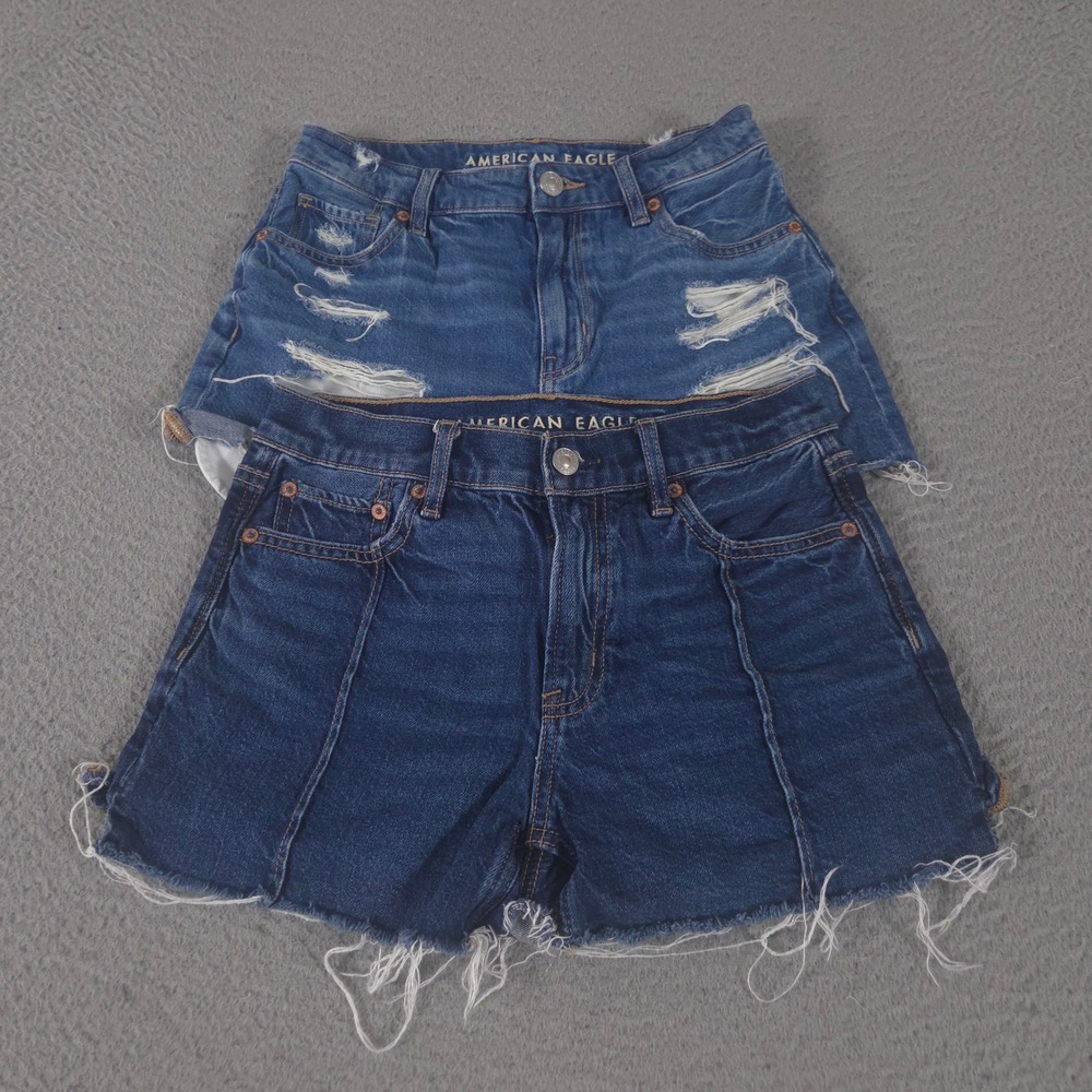LOT OF 2 American Eagle Shorts Womens 00 Blue Mom Relaxed Distressed Denim Jorts